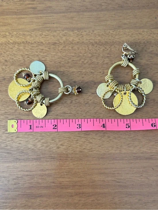 Vintage Boho Coin Disc Chandelier Dangle Hoop Clip On Earrings Brown Glass Beads - Picture 8 of 8